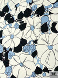 Animated Floral Stretch Cotton Sateen - Periwinkle / Ivory / Black