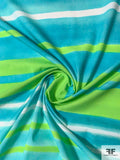 Horizontal Watercolor Striped Printed Cotton Lawn - Aqua / Turquoise / Lime / White