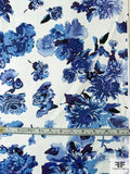 Watercolor Floral Sketch Printed Stretch Cotton Sateen - Shades of Blue / White