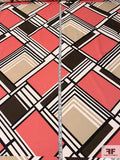 Diagonal Geometric Printed Stretch Brushed Cotton Sateen Panel - Coral / Black / White / Beige / Brown