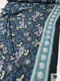 Floral Border Pattern Printed Silk and Cotton Voile - Navy / Blue / Mint / Sage / Teal