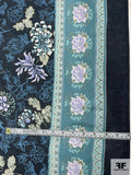 Floral Border Pattern Printed Silk and Cotton Voile - Navy / Blue / Mint / Sage / Teal