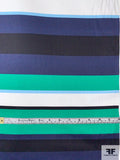 Horizontal Multi-Striped Printed Stretch Cotton Sateen - Emerald Green / Navy / White / Sky Blue