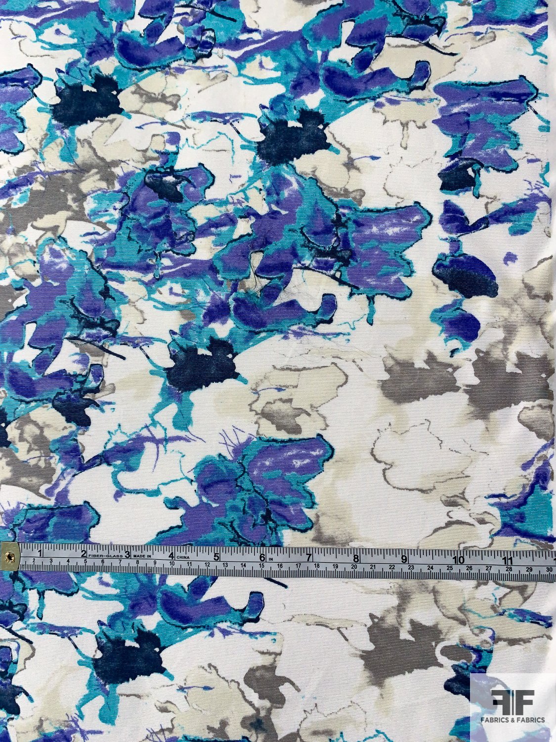 Abstract Printed Cotton and Silk Faille - Turquoise / Purple / Navy / Off-White