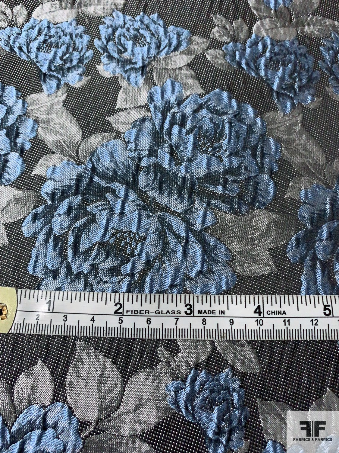 Slightly Textured Floral Brocade - Sky Blue / Grey / Black