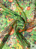 French Abstract Floral Collage Printed Silk Chiffon - Greens / Orange / Off-White / Black