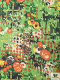 French Abstract Floral Collage Printed Silk Chiffon - Greens / Orange / Off-White / Black