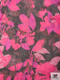 Leaf Collage Printed Silk Chiffon - Magenta / Black / Wine