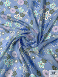 Playful Floral Printed Silk Chiffon - Dark Periwinkle / Lavender / Seafoam