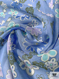 Playful Floral Printed Silk Chiffon - Dark Periwinkle / Lavender / Seafoam