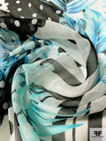 Tropical Leaf and Polka Dot Printed Crinkled Silk Chiffon - Turquoise / Aqua / Black / Off-White