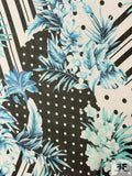 Tropical Leaf and Polka Dot Printed Crinkled Silk Chiffon - Turquoise / Aqua / Black / Off-White