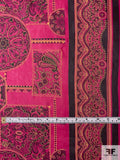Ethnic Medallions with Gold Foil Print Double Border Silk Chiffon - Magenta / Berry / Gold / Black