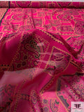 Ethnic Medallions with Gold Foil Print Double Border Silk Chiffon - Magenta / Berry / Gold / Black