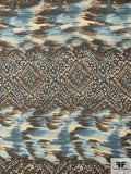 Linear Design Printed Crinkled Silk Chiffon - Teal / Coffeebean Brown / Off-White