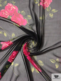 Romantic Rosettes Printed Silk Chiffon - Black / Magenta / Greens