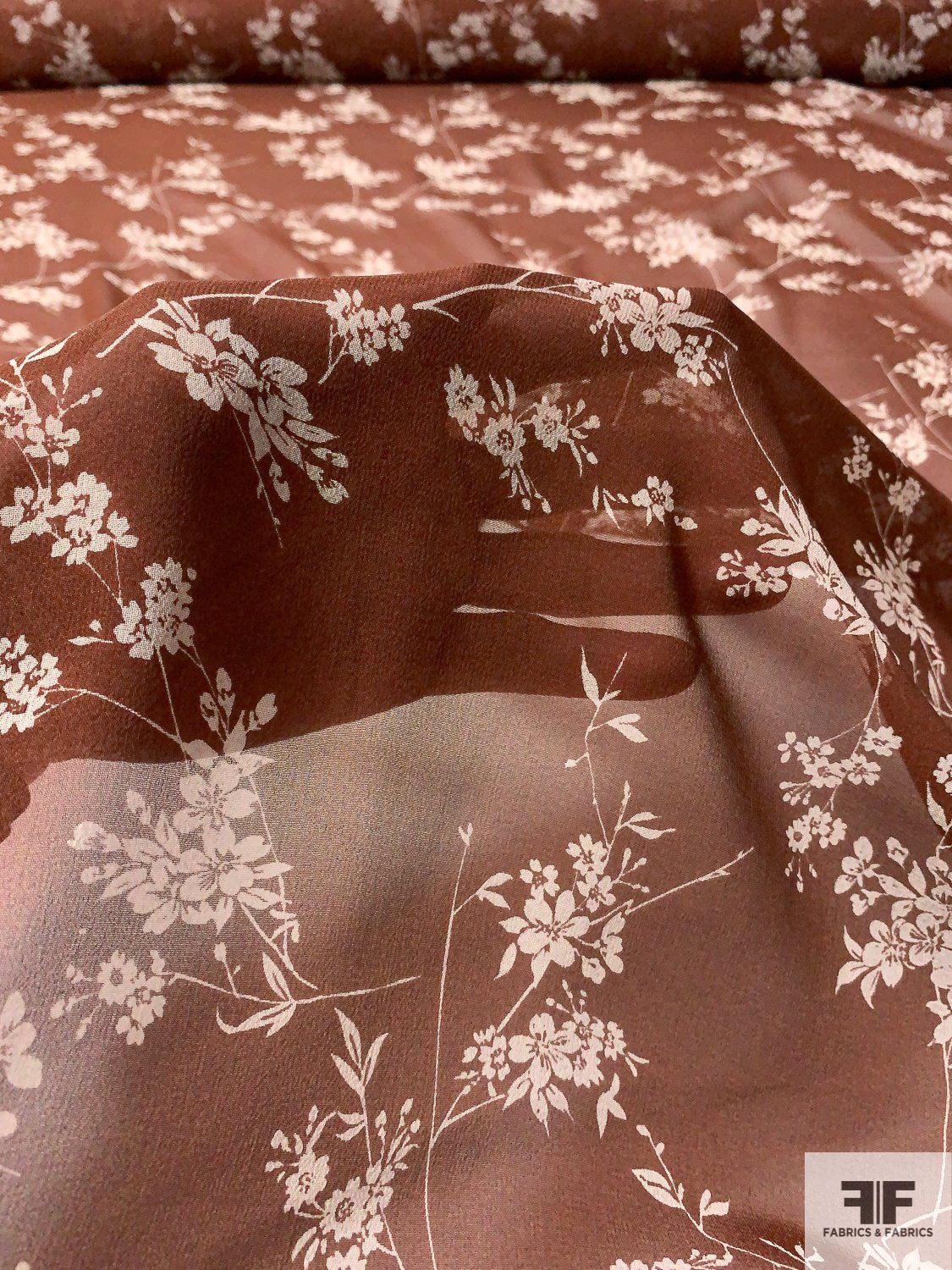 Whimsical Floral Printed Silk Chiffon - Chocolate Brown/Off-White