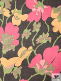 Crinkled Artsy Floral Printed Silk Chiffon - Pink / Pear Green / Light Apricot / Black