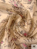 Playful Floral Printed Crinkled Silk Chiffon - Beige / Brown / Pink