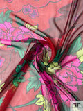 Flowers and Clouds Printed Silk Chiffon - Maroon / Magenta / Green / Purple