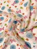 Italian Butterflies and Floral Printed Shadow Striped Silk Chiffon - Magenta / Blue / Yellow / Off-White