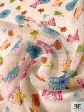 Italian Butterflies and Floral Printed Shadow Striped Silk Chiffon - Magenta / Blue / Yellow / Off-White