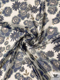 Multi Floral Printed Silk Chiffon - Navy / Off-White / Ecru / Olive