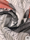 Abstract Floral Printed Crinkled Silk Chiffon Panel - Red / Black / White