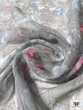 Wintery Floral Printed Silk Chiffon - Grey / Ice Blue / Magenta