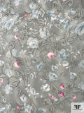 Wintery Floral Printed Silk Chiffon - Grey / Ice Blue / Magenta