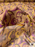 Graphic Floral Printed Silk Chiffon - Purple / Yellow / Tan / Brown