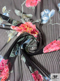 Gorgeous Floral Printed and Shadow Striped Silk Chiffon - Shades of Rose / Dusty Green / Blues