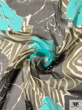 Floral Graphic Printed Crinkled Silk Chiffon - Turquoise / Black / Olive / Off-White