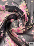 Italian Ralph Lauren Watercolor Floral Printed Silk Chiffon - Orchid Pink / Green / Ivory / Black