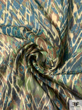 Italian Ethnic Ikat Printed Silk Chiffon - Green / Teal / Khaki Brown / Navy