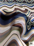 Large-Scale Hypnotic Wavy Striations Printed Silk Chiffon - Blue / Brown / Black / White