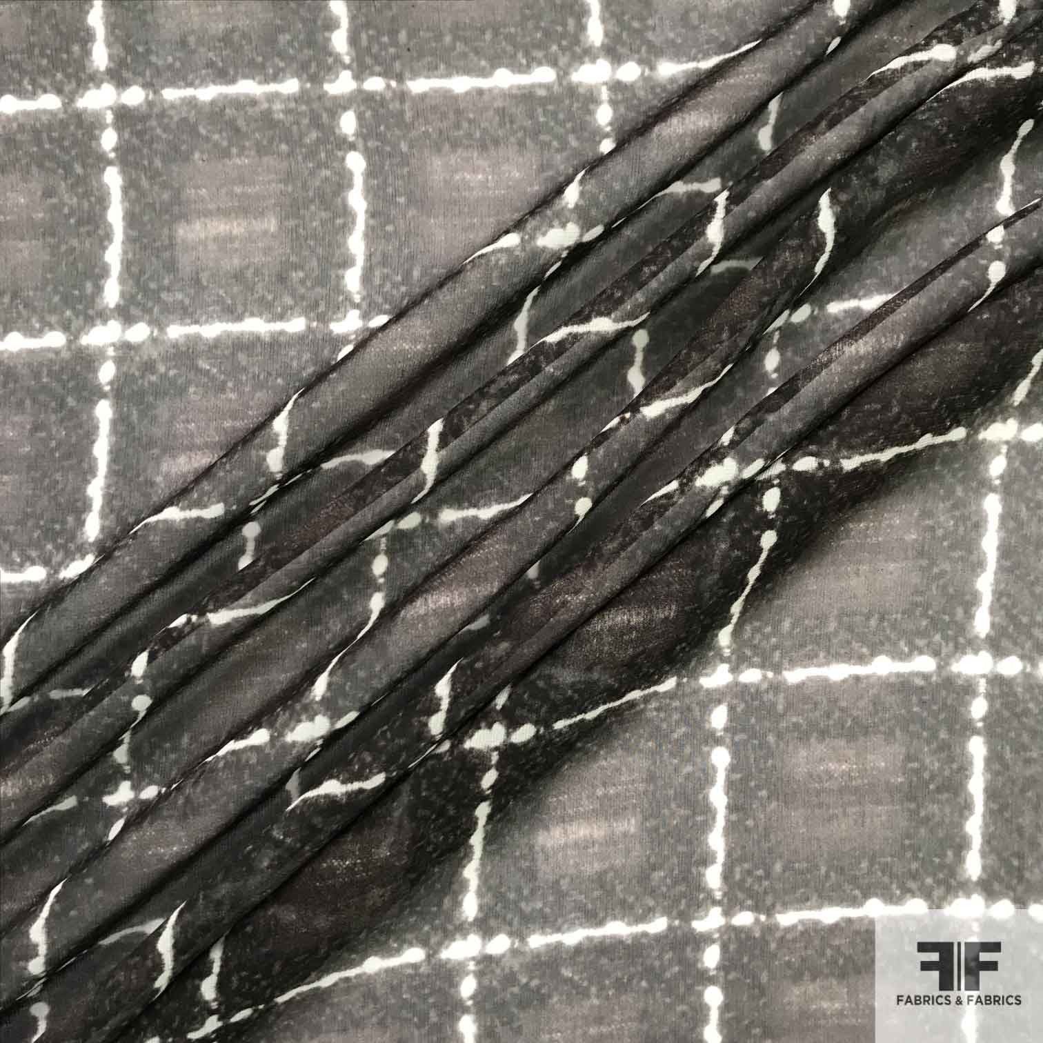 Geometric Check Printed Silk Chiffon - Black/Grey