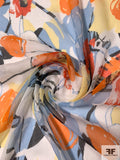Painterly Splatter Floral Printed Crinkled Silk Chiffon - Orange / Sky Blue / Butter Yellow / White