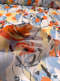 Painterly Splatter Floral Printed Crinkled Silk Chiffon - Orange / Sky Blue / Butter Yellow / White