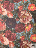 Floral Realism Printed Silk Chiffon - Shades of Red / Coral / Green / Dusty Teal