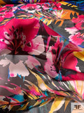 Vibrant Tropical Floral Printed Silk Chiffon - Magenta / Blue / Yellows / Black