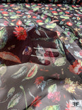 Leaf and Floral Printed Silk Chiffon - Greens / Reds / Teals / Black