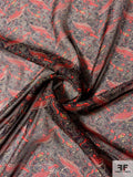 Ornate Art Deco Leaf Printed Silk Chiffon - Red / Black / Tan / Mustard