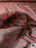 Ornate Art Deco Leaf Printed Silk Chiffon - Red / Black / Tan / Mustard