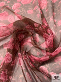 Romantic Floral Crinkled Silk Chiffon - Dusty Rose / Brown