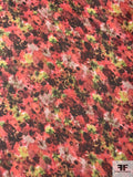 Watercolor Floral Field Printed Silk Chiffon - Coral / Lime Green / Browns