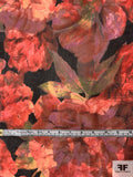 Luscious Floral Printed Silk Chiffon - Warm Blood Orange / Black / Green