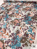 Italian Painterly Brushstroke Printed Silk Chiffon - Teal / Brown / Plum Purple / Cream