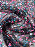 Italian Vibrant Ditsy Floral Crinkled Silk Chiffon - Hot Pink / Turquoise Blue / Red / Black