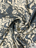Regal Damask-Like Printed Silk Georgette - Dusty Dark Teal / Ivory